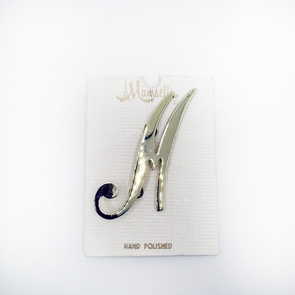 Marsella Silver-Tone Script Letter "M" Pin Brooch, Hand Polished, New on Card